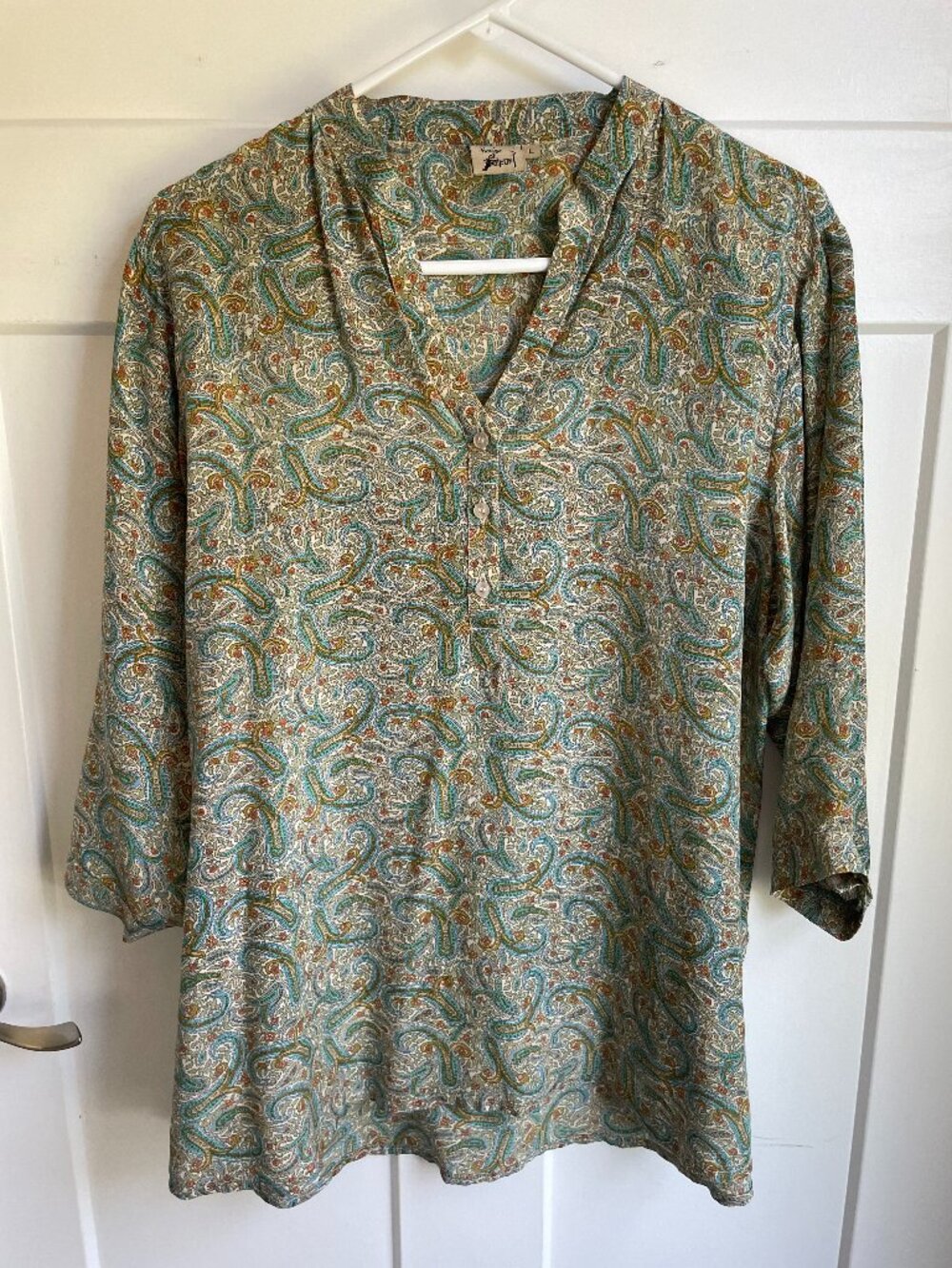 House of Jaipur 100% Silk Paisley Tunic Top Boho Lux Henley Blouse Resort Size L